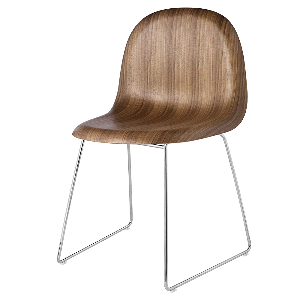 3D Unupholstered Dining Chair - American Walnut, Polished Stainless Steel Sledge Base