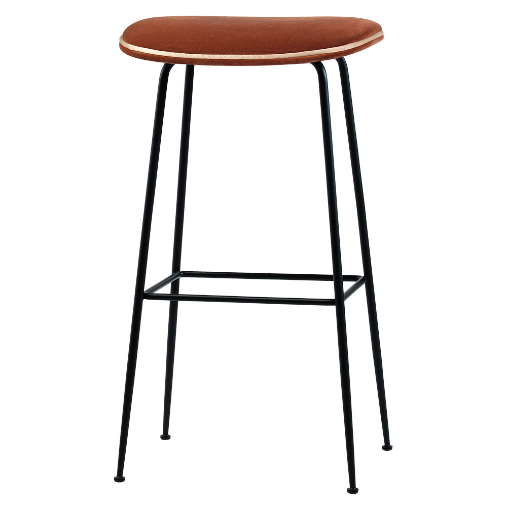 Beetle Bar Counter Stool - Orange Velvet, Beige Piping, Black Conic Base