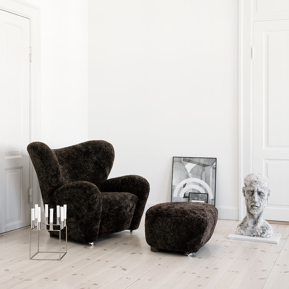 The Tired Man Footstool - Anthracite Sheepskin, Smoked Oak | Rouse Home