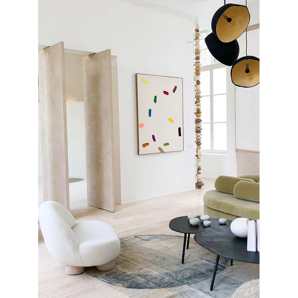 Hygge Armchair - Latte Boucle, Travertine Marble Feet