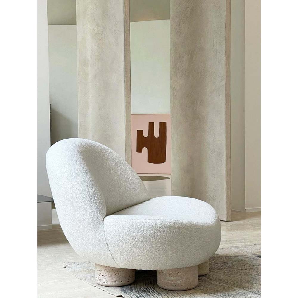 Hygge Armchair - White Boucle, Travertine Marble Feet
