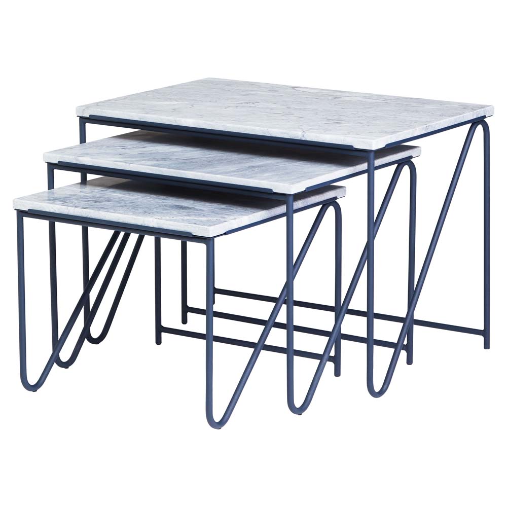 Triptych Nesting Tables - Navy Blue Frame, Gray Ruivina Marble Top