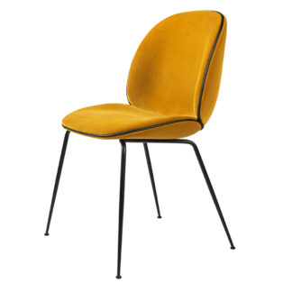 Beetle Upholstered Dining Chair - Yellow Velvet, Black Leather Piping, Black Legs