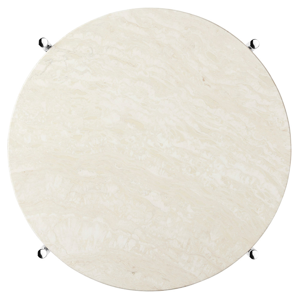TS Round Coffee Table Small - Neutral White Travertine, Polished Steel