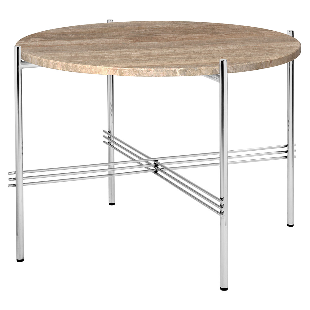 TS Round Coffee Table Small - Warm Taupe Travertine, Polished Steel