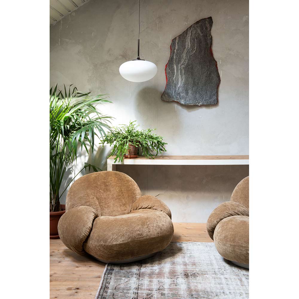 Quick Ship Pacha Lounge Chair With Armrests - Dedar Karakorum Boucle 001, Pearl Gold Returning Swivel Base