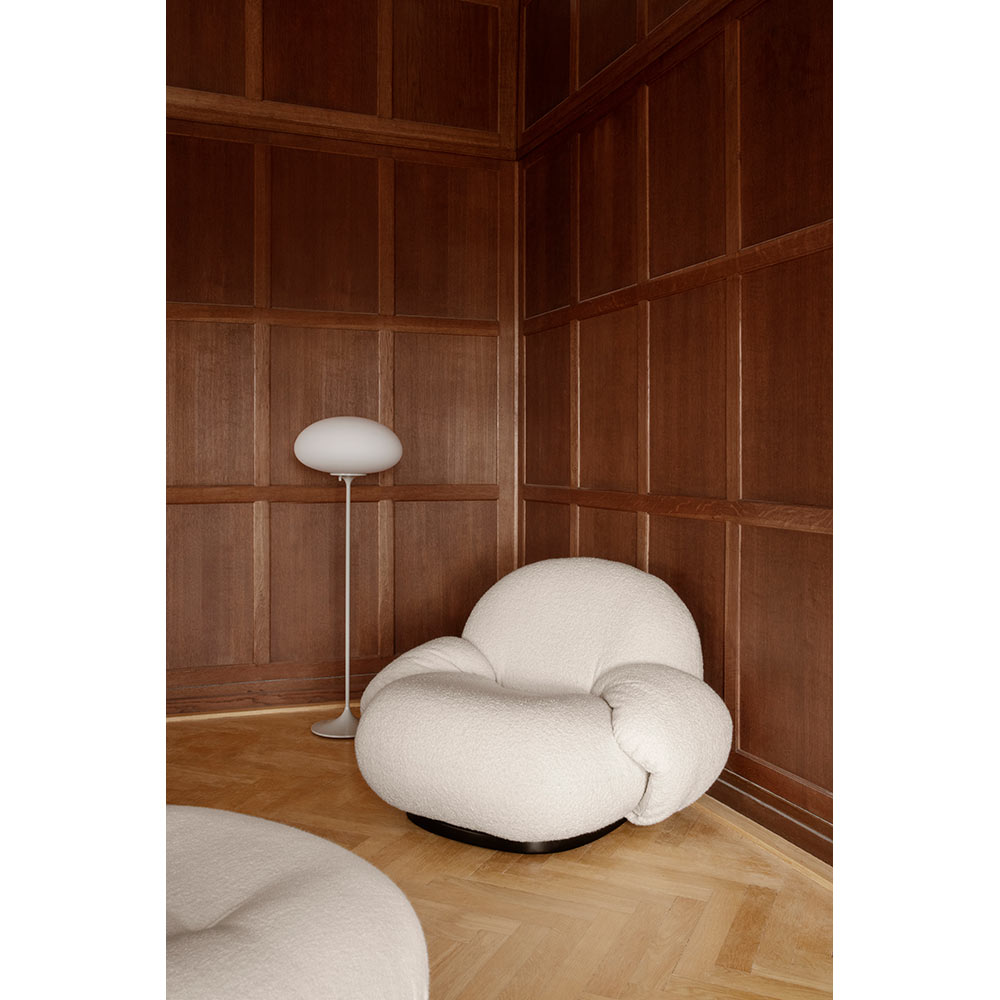 Quick Ship Pacha Lounge Chair With Armrests - Dedar Karakorum Boucle 001, Pearl Gold Returning Swivel Base