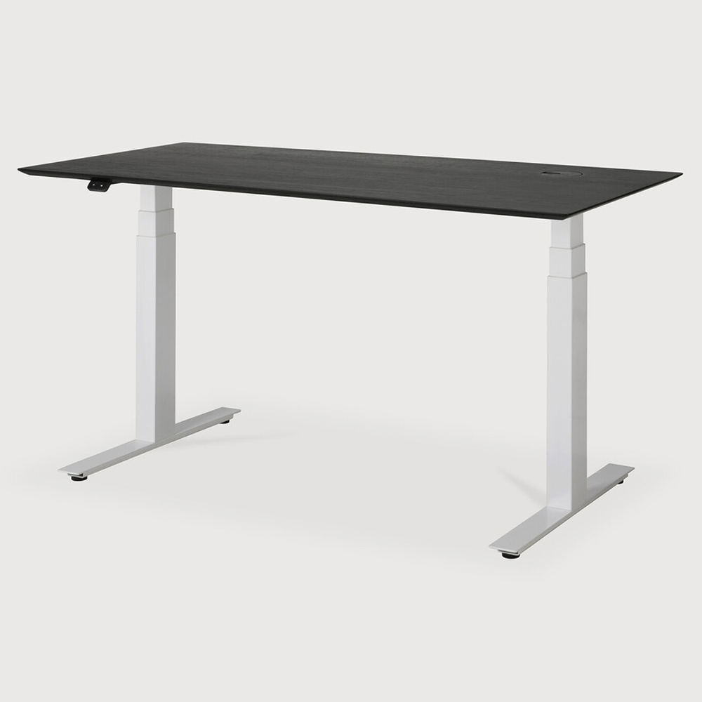 Bok Adjustable Desk - Black Oak Top, White Base, With Cable Management