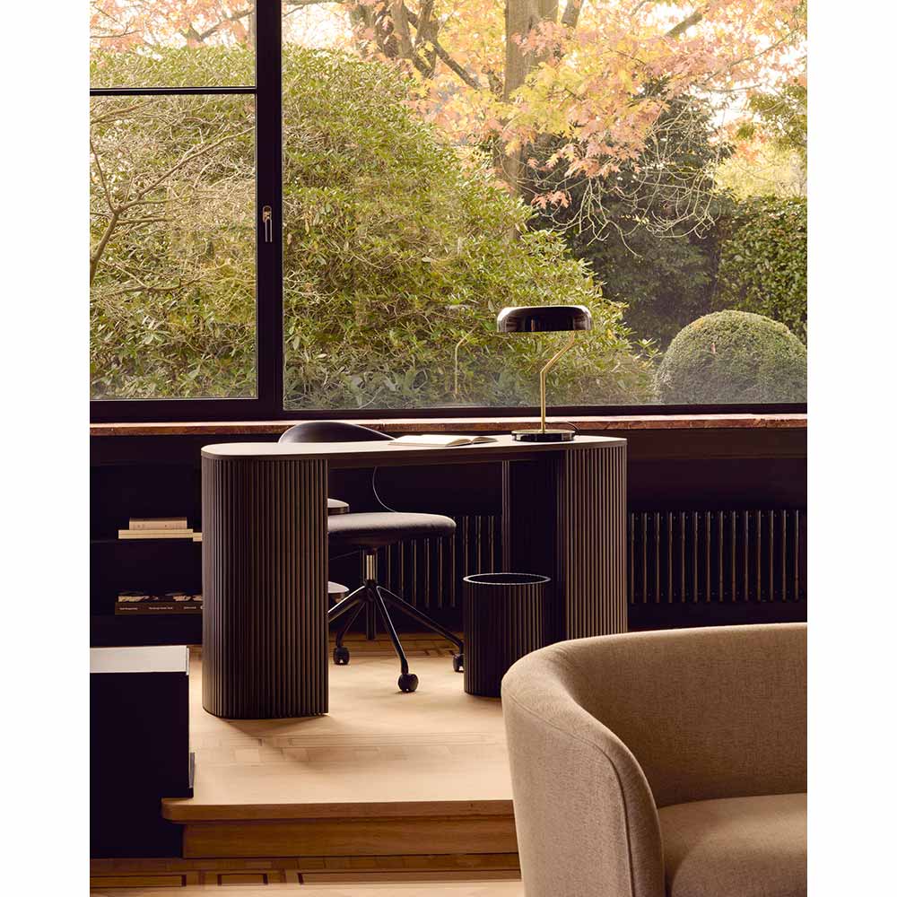 35027_Roller_Max_desk_varnished_mahogany_dark_brown_pebble_shape_35072_Bok_office_chair_varnished_mahogany_off_black_Dark_Grey_fabric_29771_Roller_Max_Paper_basket_20145_Ellipse_sofa_Oatmeal_fabric_web | Rouse Home