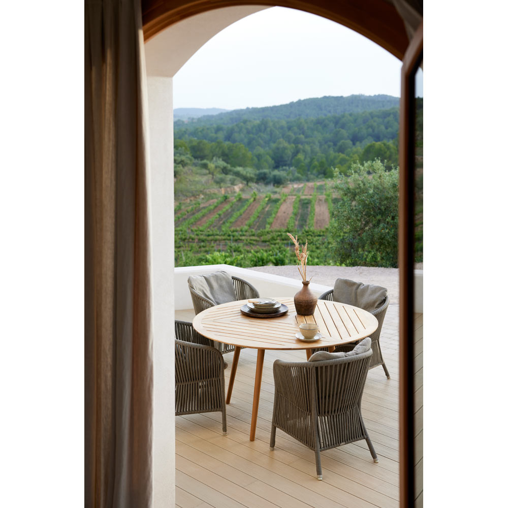 Define Round Dining Table - Teak Geometric Top, Teak Base