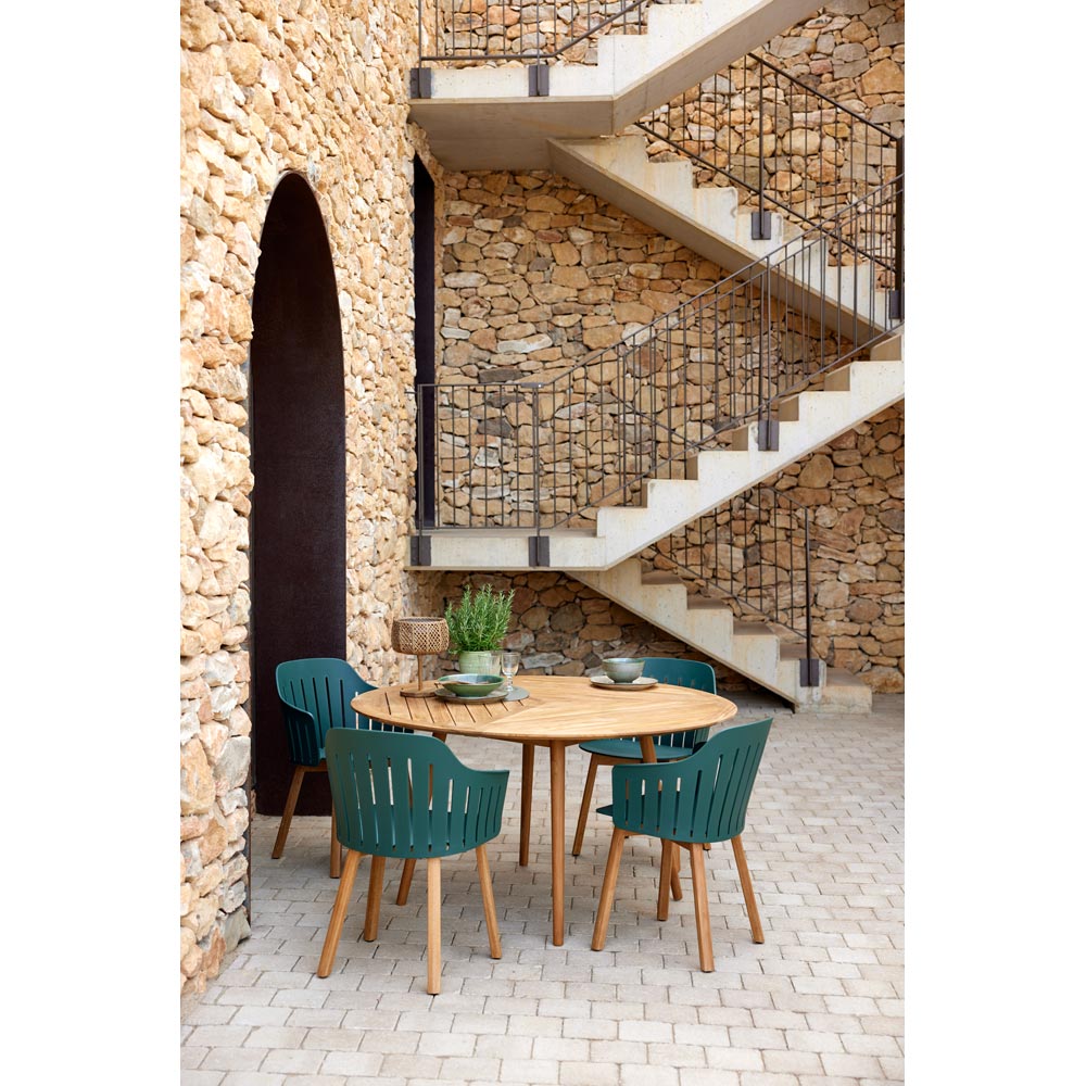 Define Round Dining Table - Teak Geometric Top, Teak Base