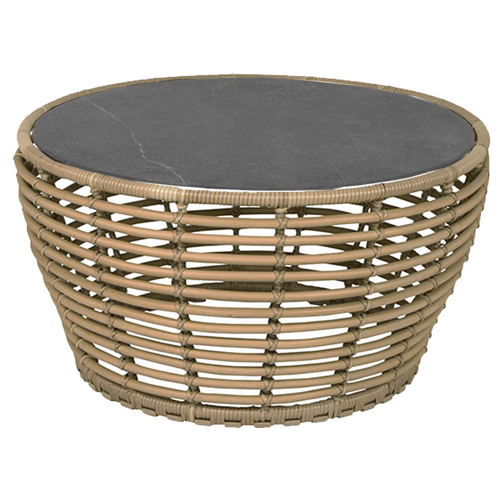 Basket Medium Coffee Table - Fossil Gray Ceramic Top, Natural Weave Base | Rouse Home