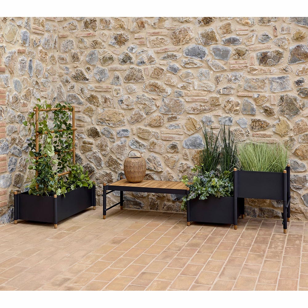 Sticks Bench With 1 Planter -Teak Bench, Sand Aluminum | Rouse Home