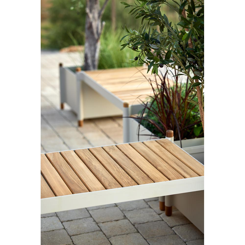Sticks Bench With 2 Planters -Teak, Sand Aluminum | Rouse Home
