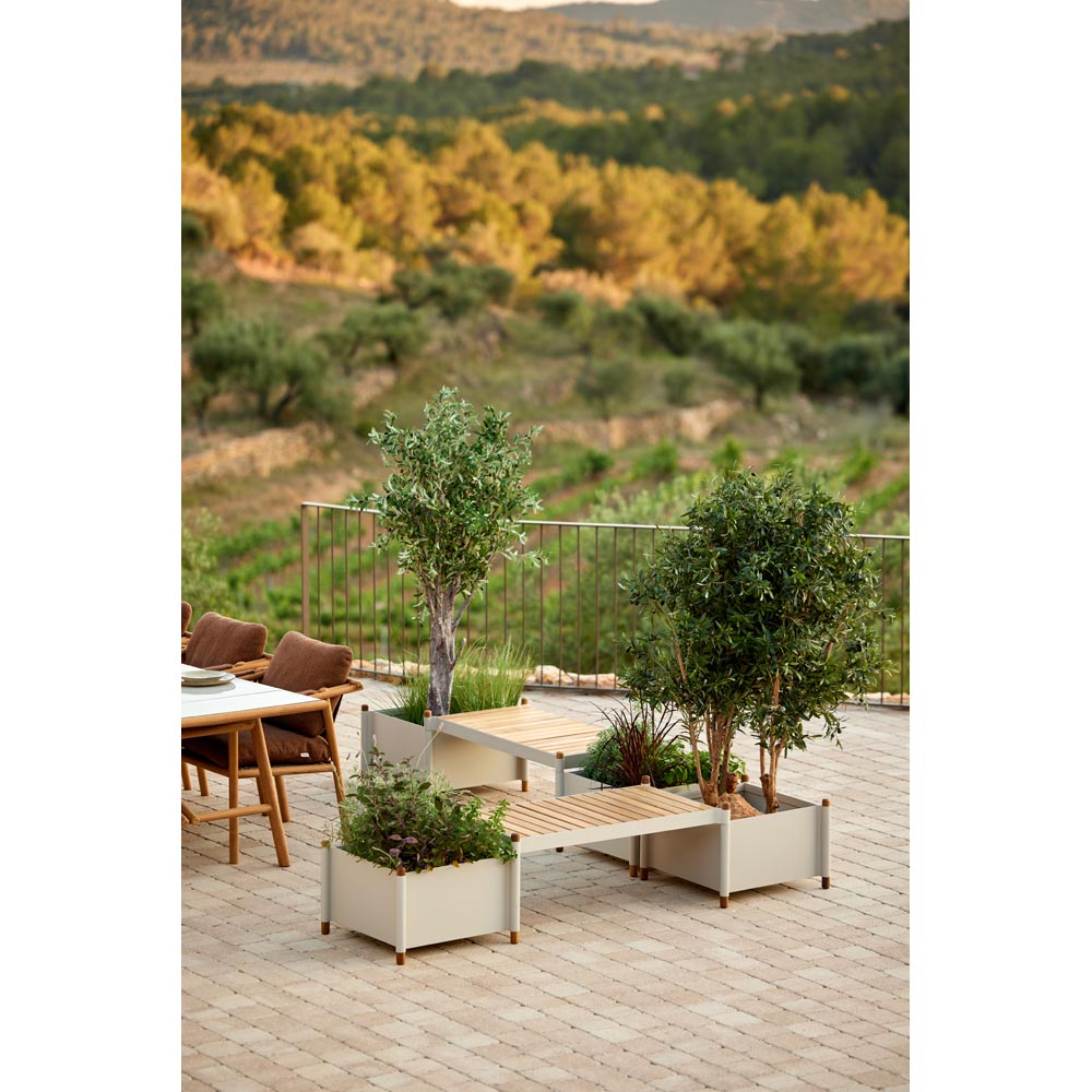 Sticks Bench With 2 Planters -Teak, Sand Aluminum | Rouse Home