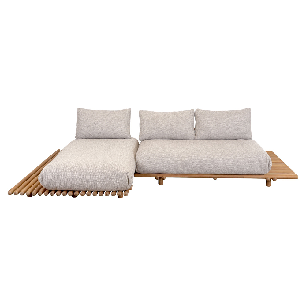 Sticks Platform Sofa With Chaise Lounge - Desert Sand Cushions, Teak Platform | Rouse Home