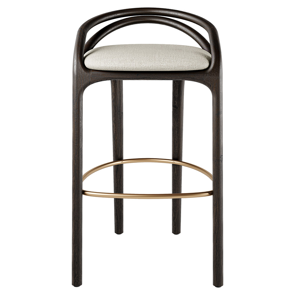 Aleta Bar Stool - Beige Chenille, Brass, Dark Brown Teak Frame