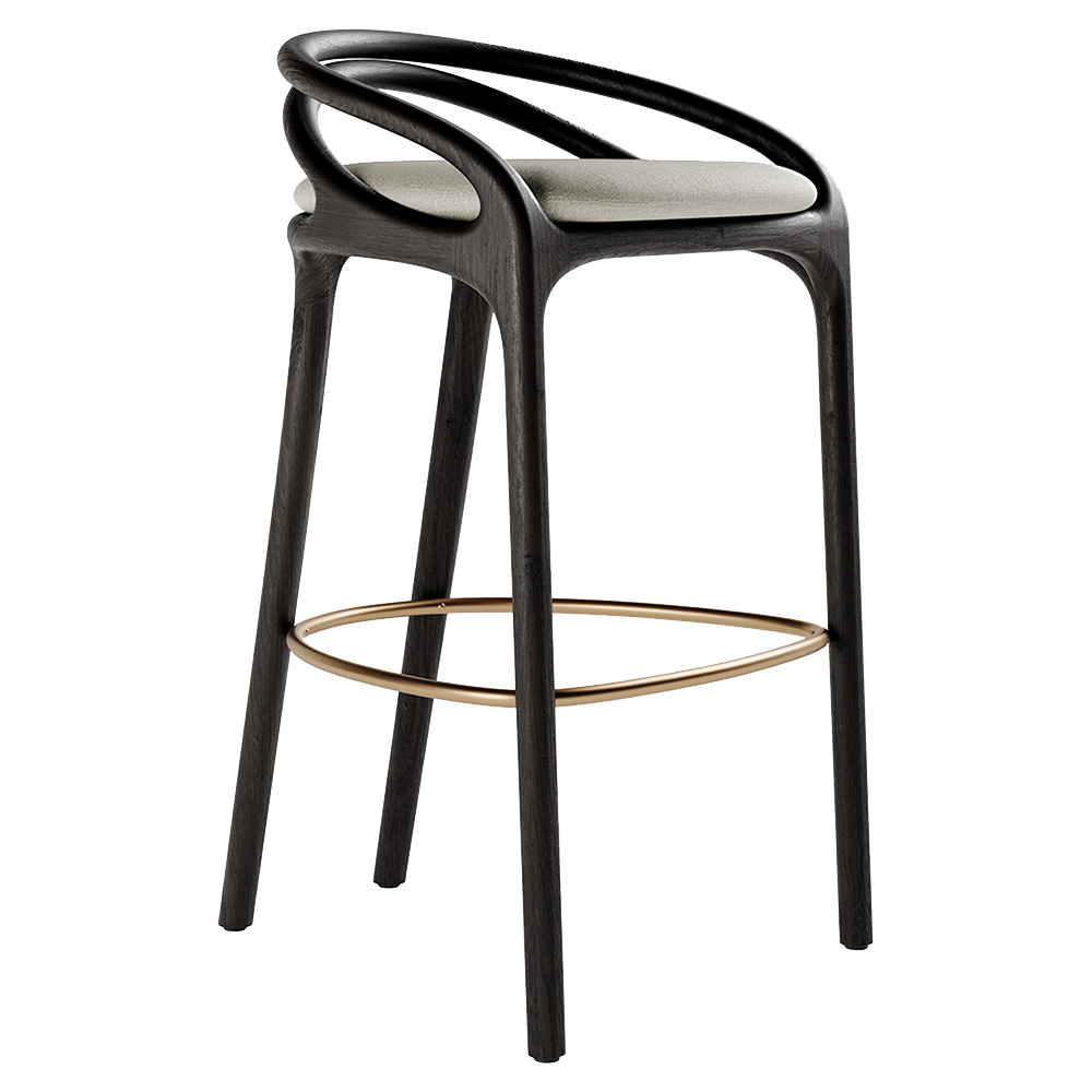 Aleta Bar Stool - Beige Chenille, Brass, Dark Brown Teak Frame