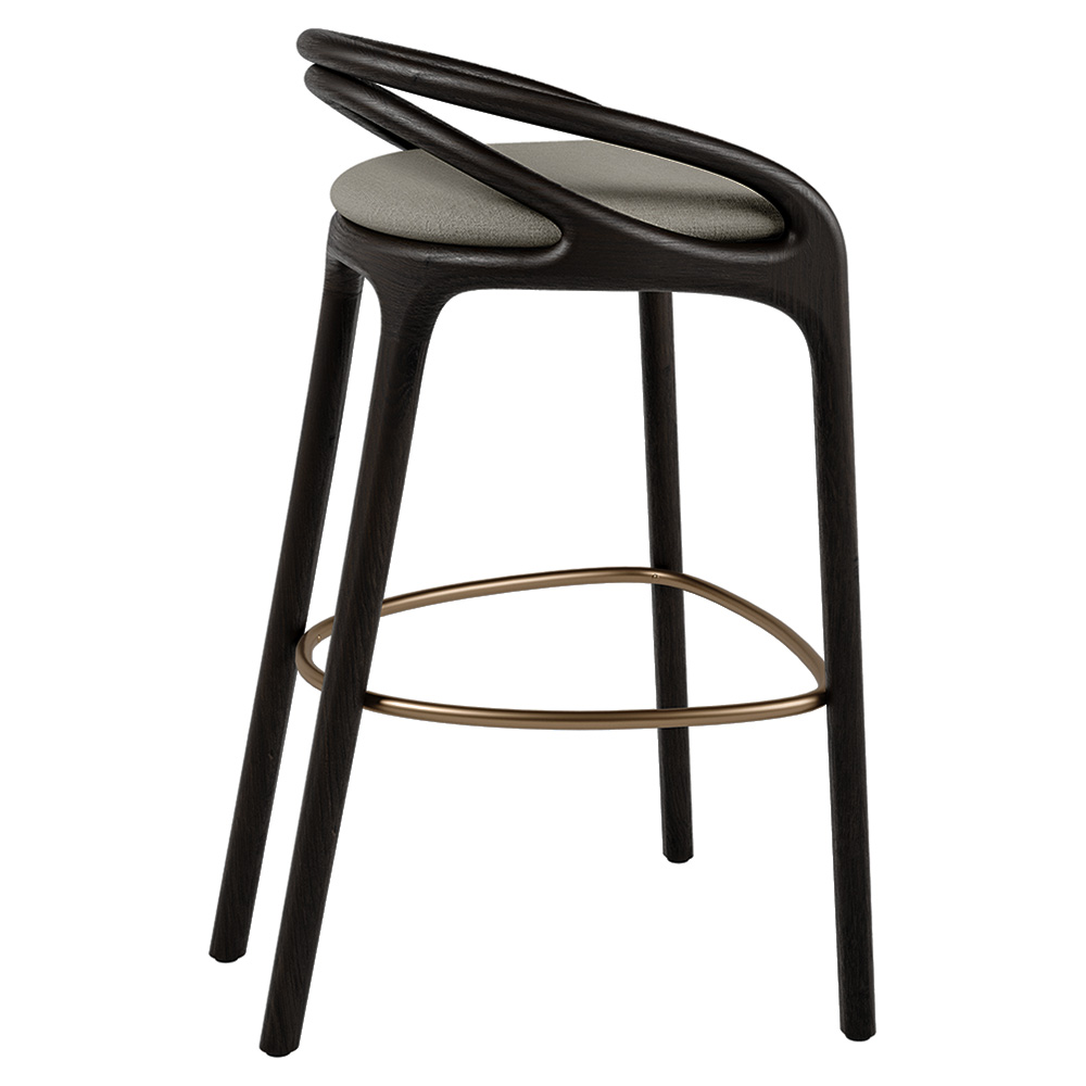 Aleta Bar Stool - Beige Chenille, Brass, Dark Brown Teak Frame