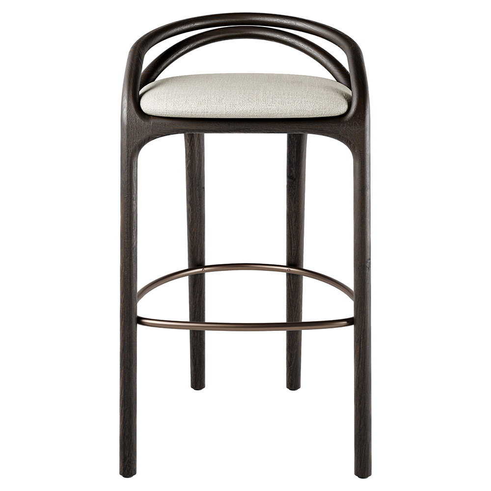 Aleta Bar Stool - Beige Chenille, Bronze, Dark Brown Teak Frame