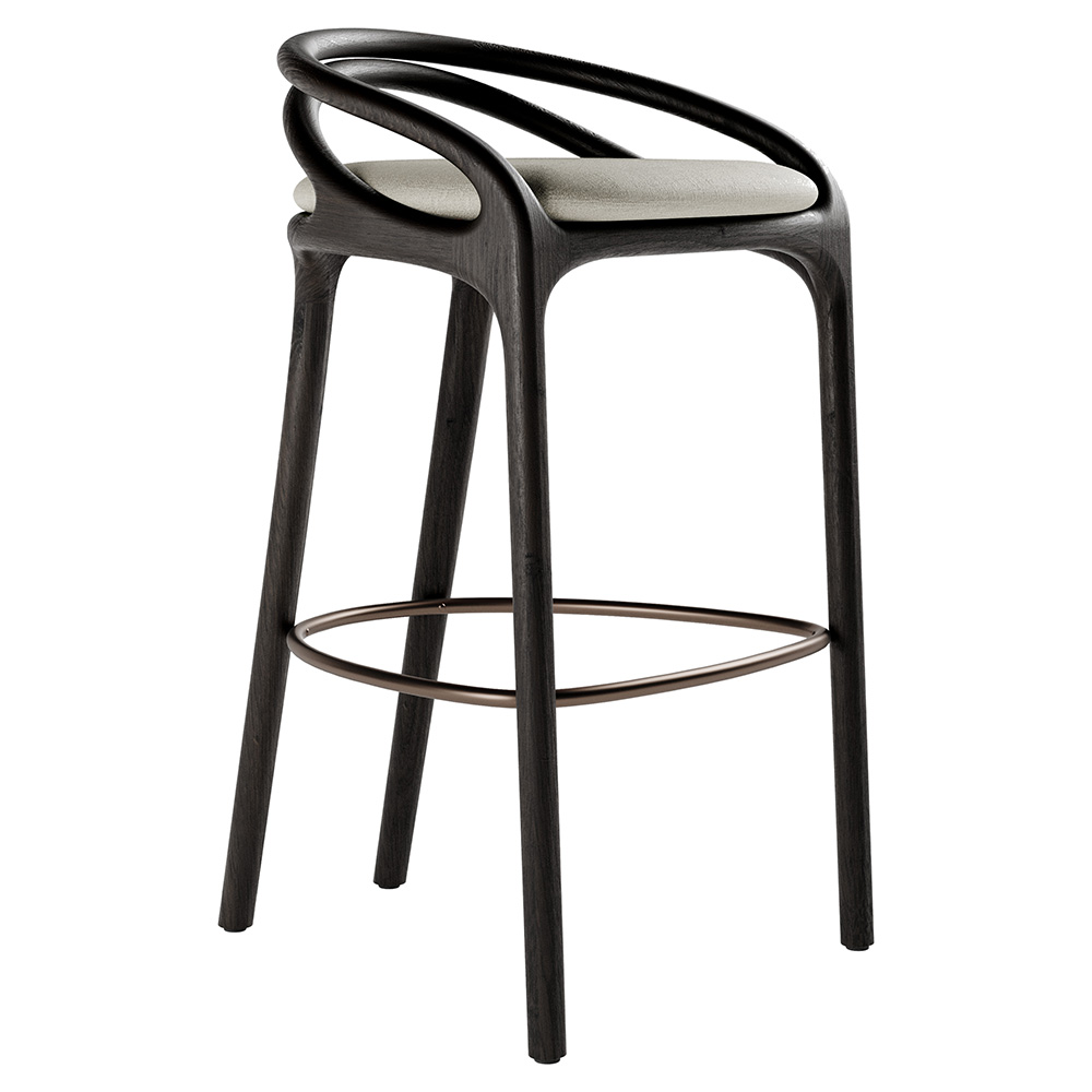 Aleta Bar Stool - Beige Chenille, Bronze, Dark Brown Teak Frame