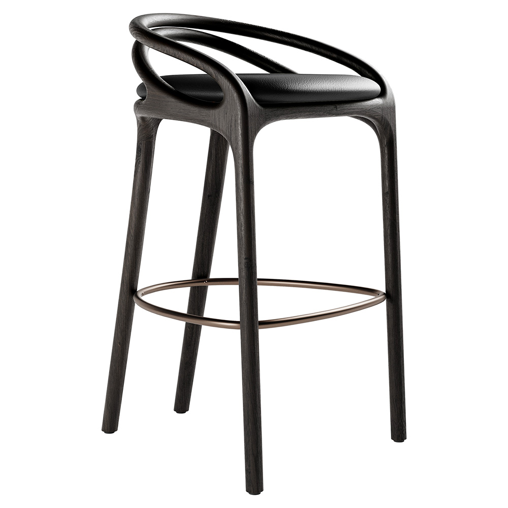 Aleta Bar Stool - Black Leather, Bronze, Dark Brown Teak Frame