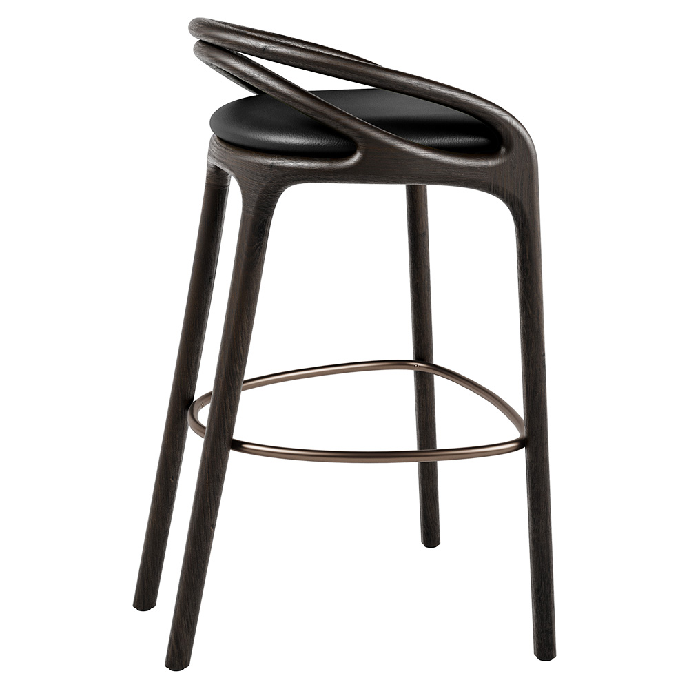 Aleta Bar Stool - Black Leather, Bronze, Dark Brown Teak Frame