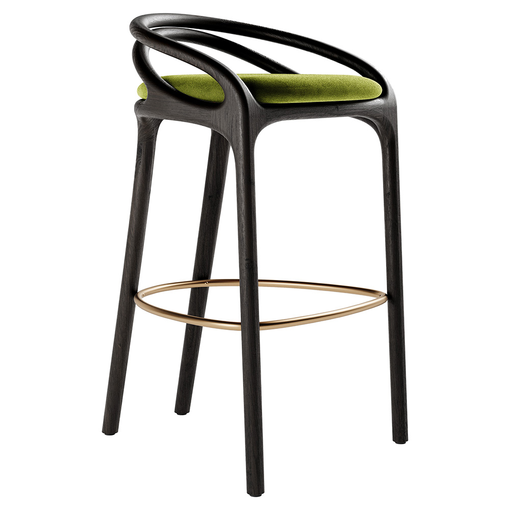Aleta Bar Stool - Green Velvet, Brass, Dark Brown Teak Frame