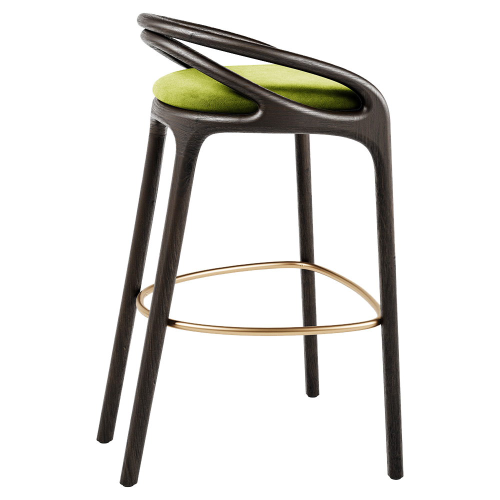 Aleta Bar Stool - Green Velvet, Brass, Dark Brown Teak Frame