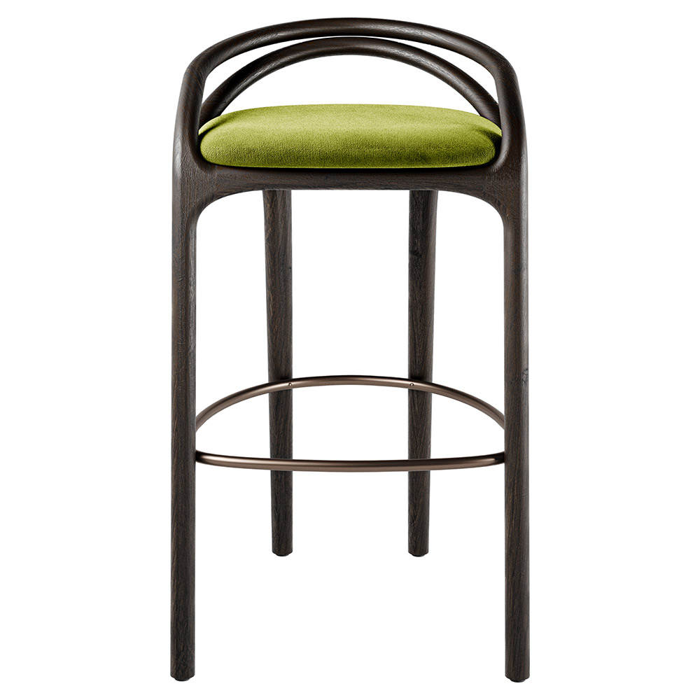 Aleta Bar Stool - Green Velvet, Bronze, Dark Brown Teak Frame