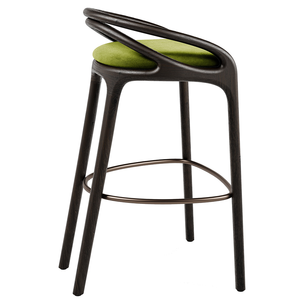 Aleta Bar Stool - Green Velvet, Bronze, Dark Brown Teak Frame