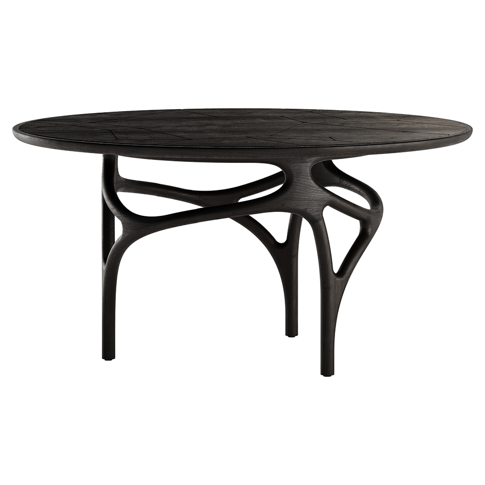 Cena Dining Table - Engraved Dark Brown Teak Top, Dark Brown Teak Base