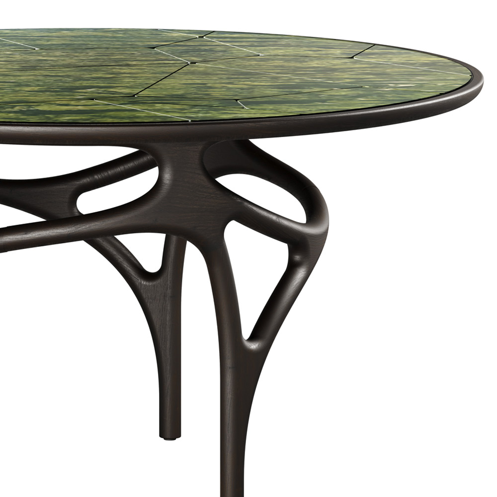 Cena Dining Table - Engraved Green Marble Top, Dark Brown Teak Base