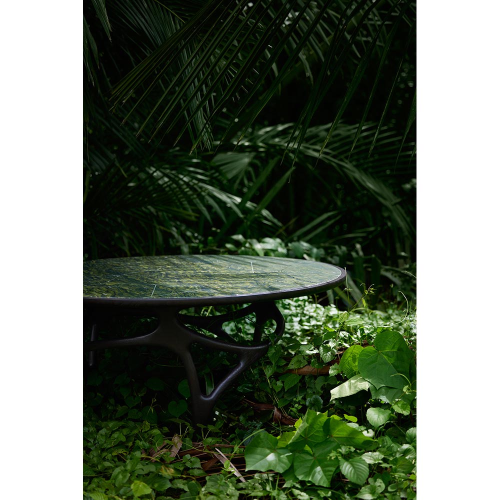 Cena Dining Table - Engraved Green Marble Top, Dark Brown Teak Base