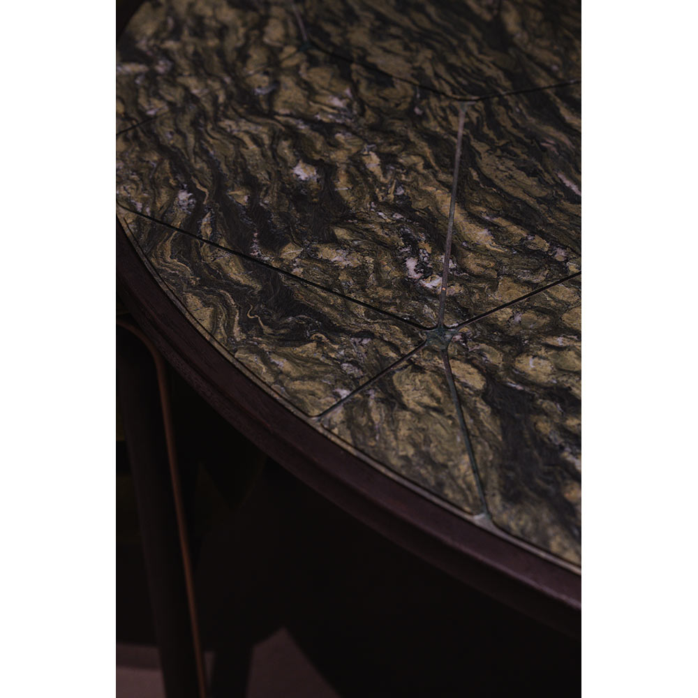 Cena Dining Table - Engraved Green Marble Top, Dark Brown Teak Base