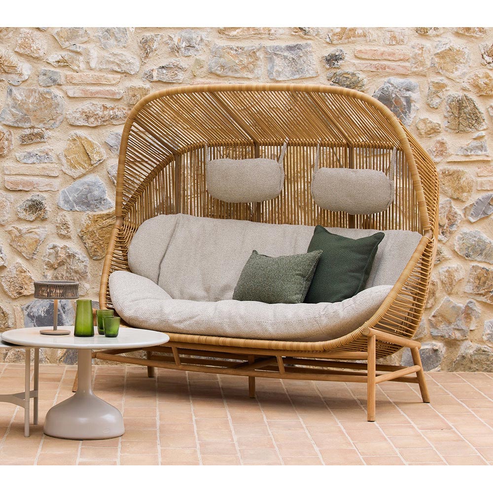 Hive Outdoor 2 Seater Sofa - Taupe Cushions, Teak Base | Rouse Home