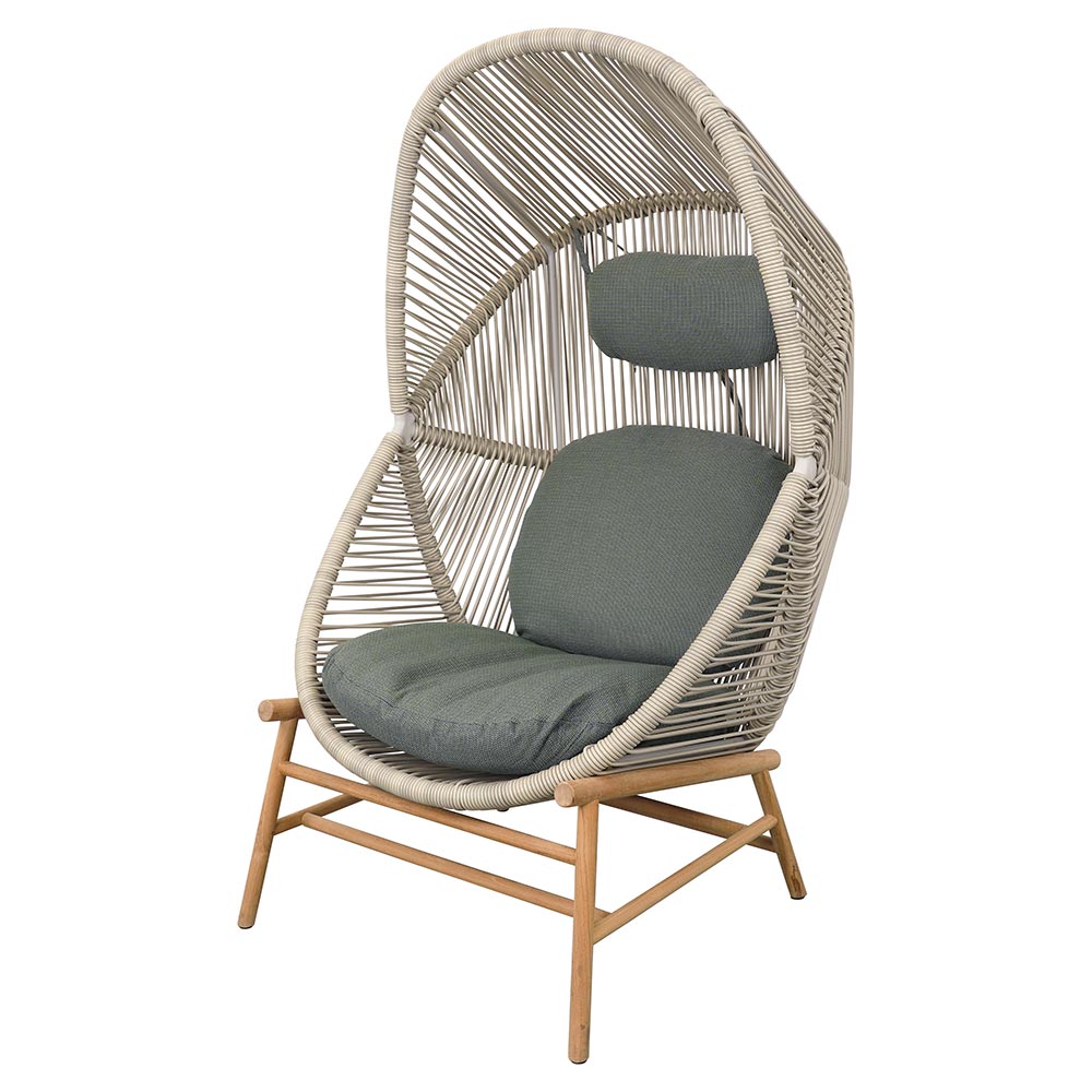 Hive Outdoor Chair - Light Green Cushions, Sand Weave Chair, Teak Base
