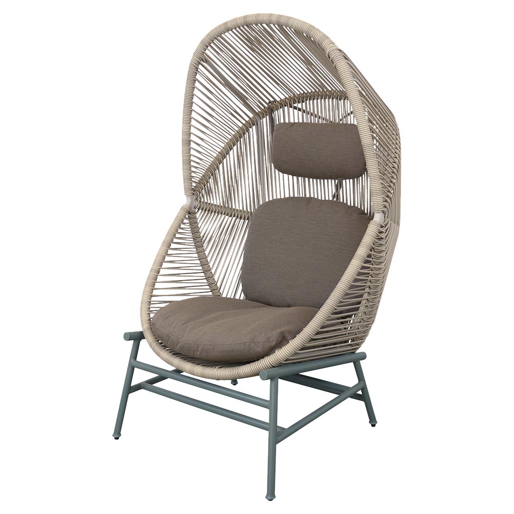 Hive Outdoor Chair - Taupe Cushions, Sand Weave Chair, Dusty Green Aluminum Base