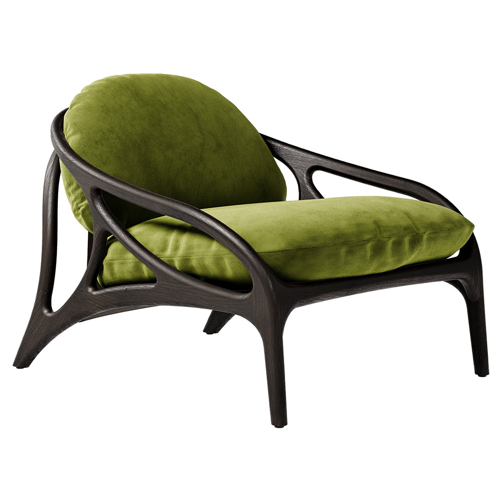 Vime Lounge Chair - Green Velvet, Dark Brown Leather, Dark Brown Teak Frame