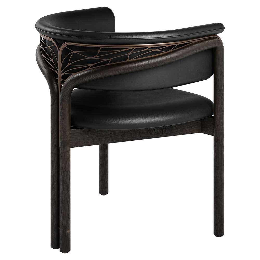 Volita Dining Chair - Black Leather, Bronze, Dark Brown Teak Frame