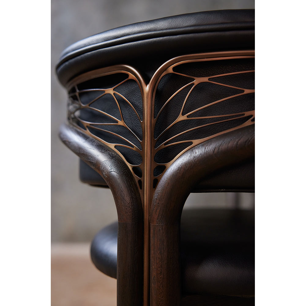 Volita Dining Chair - Black Leather, Bronze, Dark Brown Teak Frame