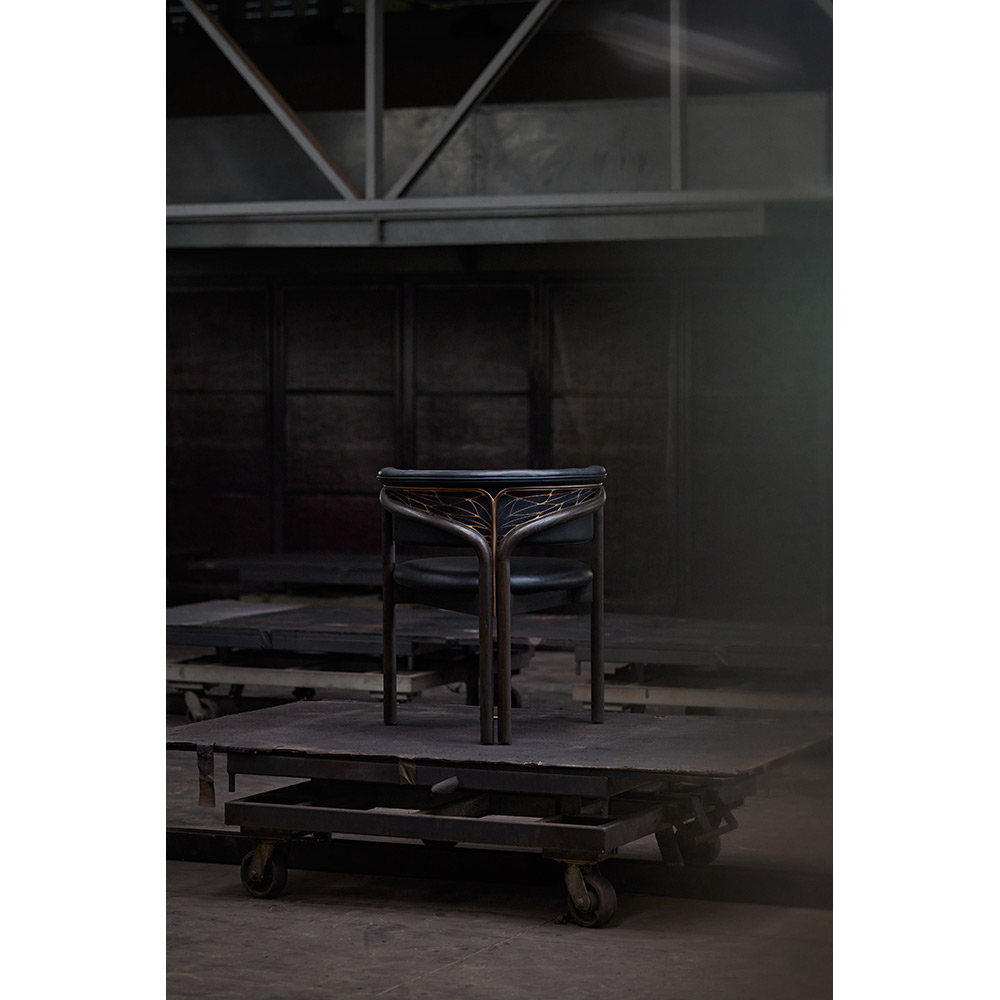 Volita Dining Chair - Black Leather, Bronze, Dark Brown Teak Frame
