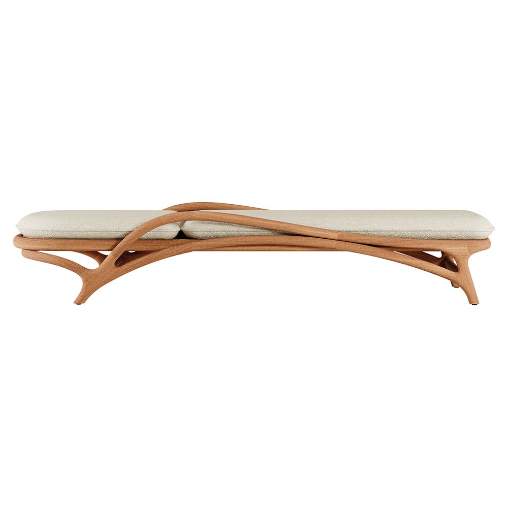 Zen Outdoor Adjustable Lounger - Beige Boucle, Brass, Teak Frame