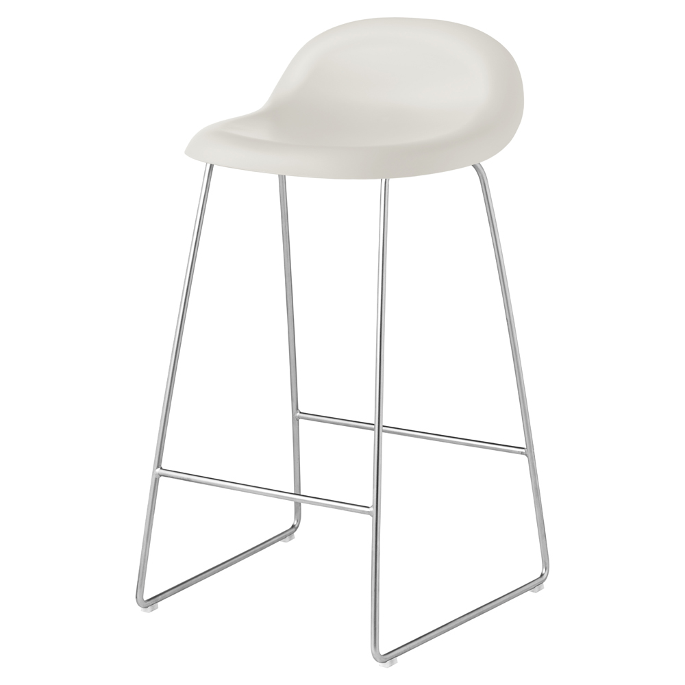 3D Unupholstered Counter Stool - Alabaster White Plastic, Polished Stainless Steel Sledge Base