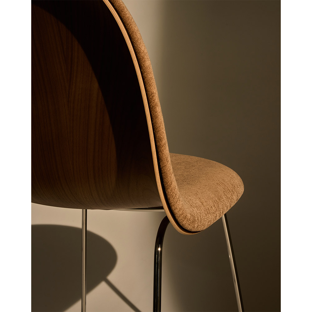 3D Front Upholstered Dining Chair - American Walnut Shell, Polished Stainless Steel Sledge Base | Rouse Home