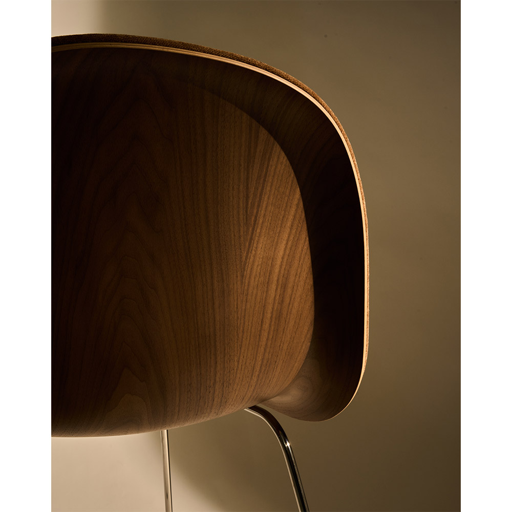 3D Front Upholstered Dining Chair - American Walnut Shell, Polished Stainless Steel Sledge Base | Rouse Home