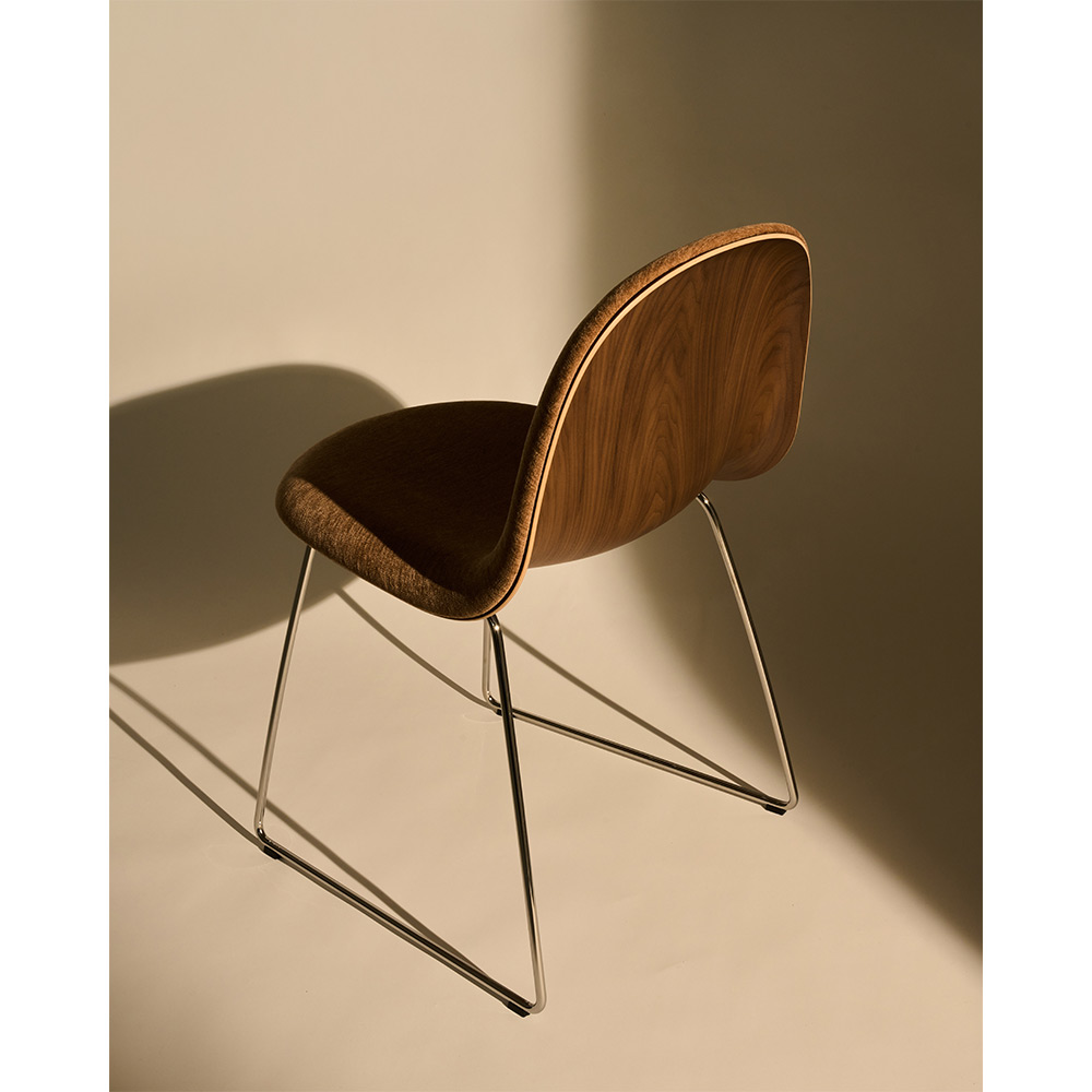 3D Front Upholstered Dining Chair - American Walnut Shell, Polished Stainless Steel Sledge Base | Rouse Home