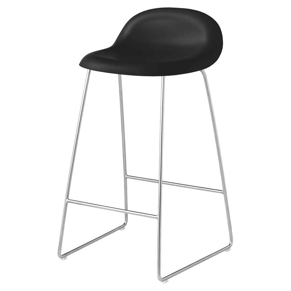 3D Unupholstered Counter Stool - Black Plastic, Polished Stainless Steel Sledge Base