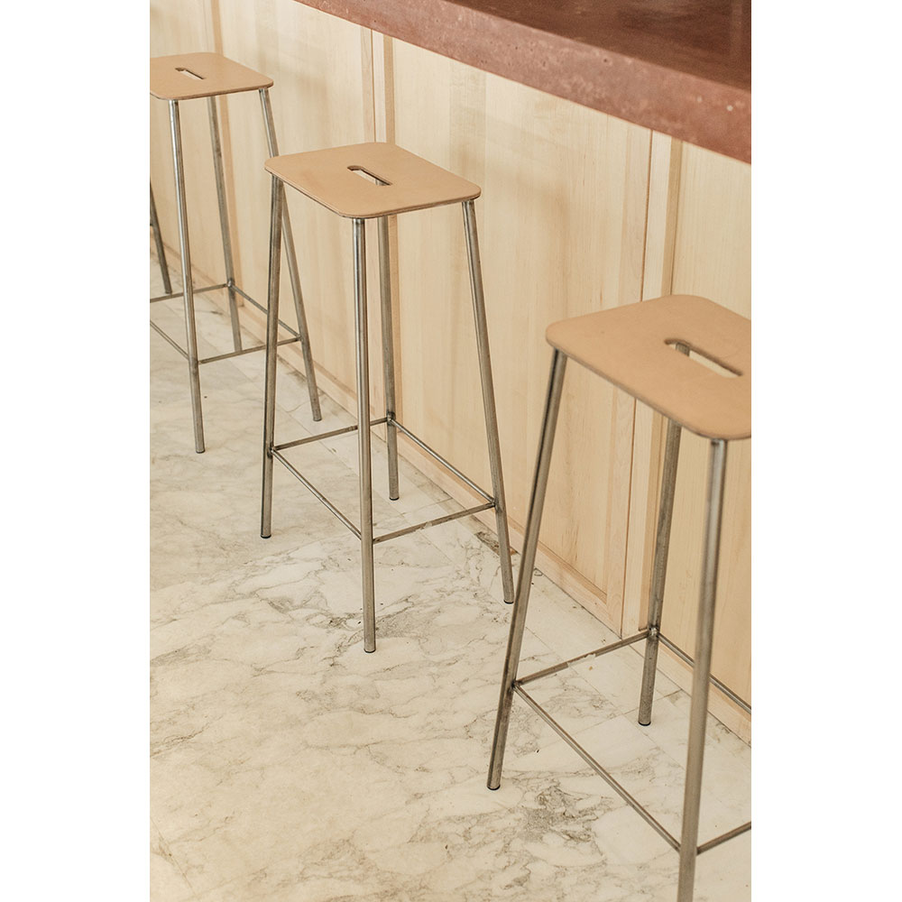 Adam Bar Stool - Natural Leather, Raw Steel