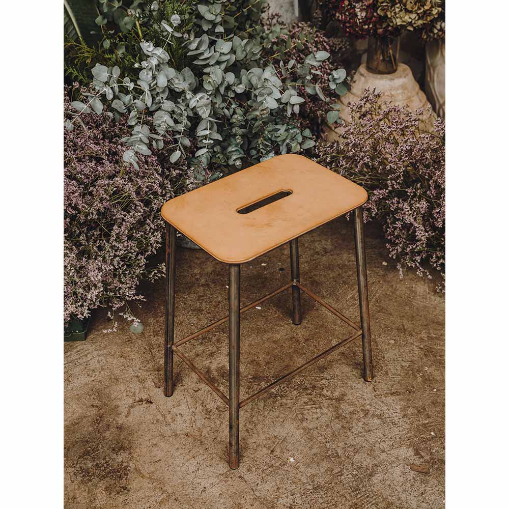 Adam Stool - Natural Leather, Raw Steel